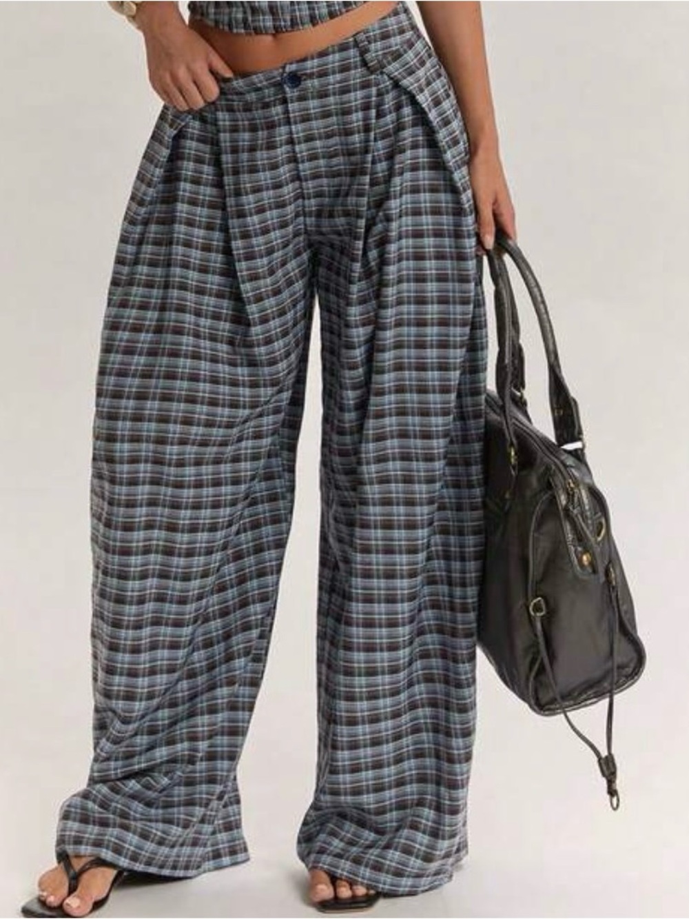 SHEIN Blue Gray Plaid Wide Leg Pants